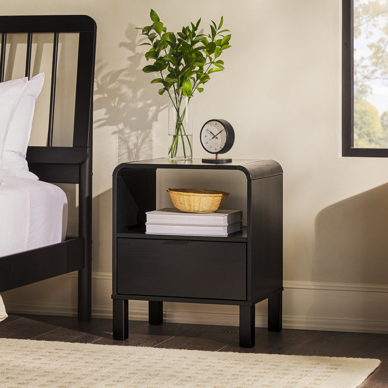 Curved-Top Solid Pine 1-Drawer Nightstand in Black