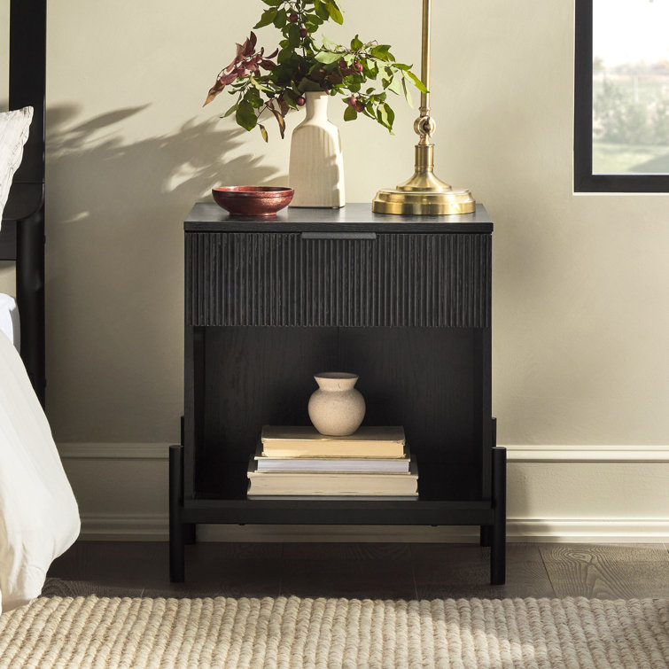 Black Modern 1-Drawer Nightstand with Open Cubby