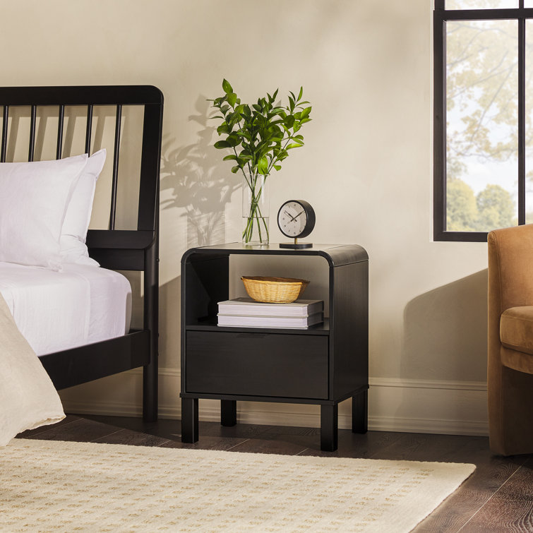 Curved-Top Solid Pine 1-Drawer Nightstand in Black