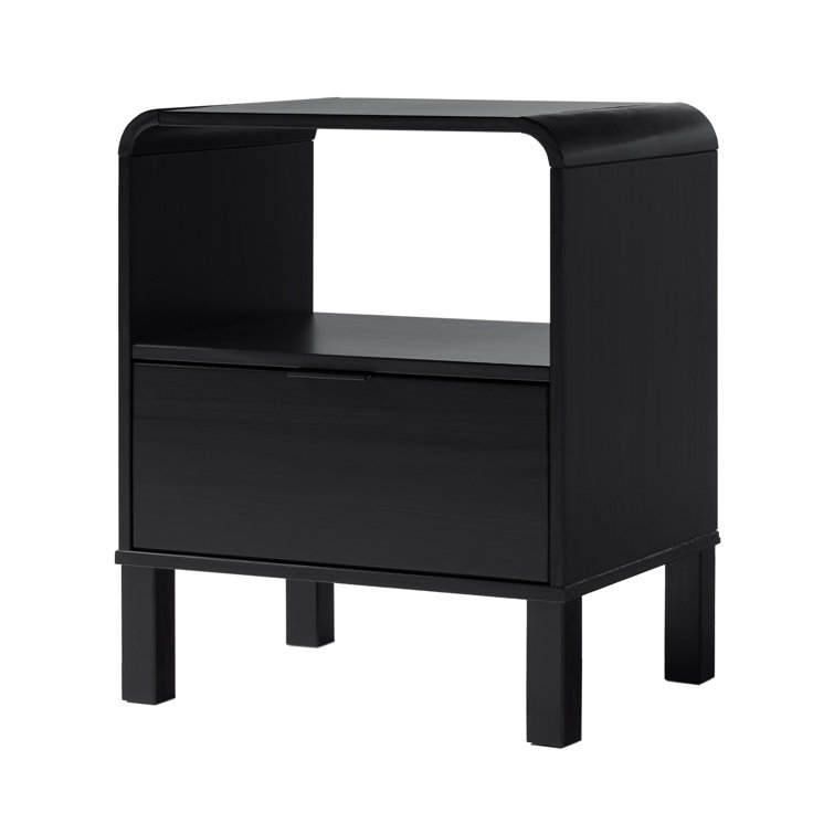 Curved-Top Solid Pine 1-Drawer Nightstand in Black
