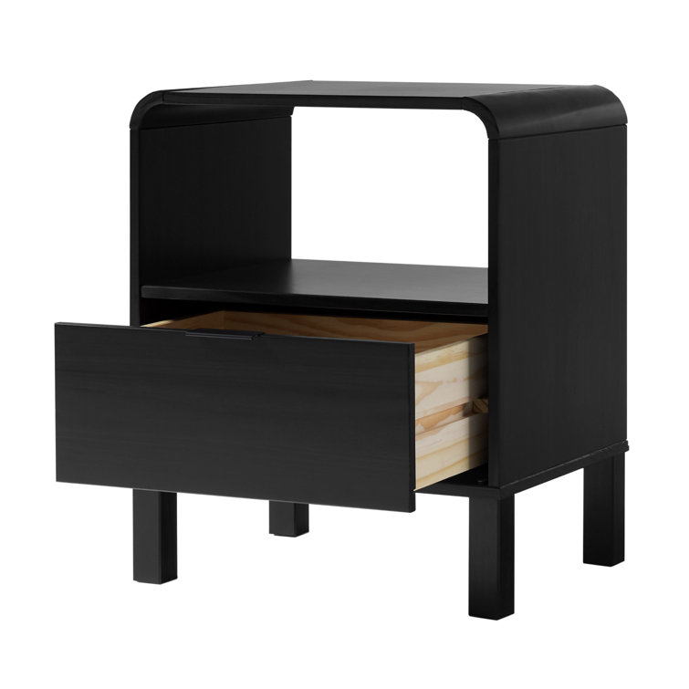 Curved-Top Solid Pine 1-Drawer Nightstand in Black