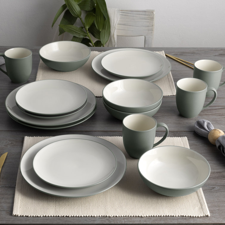 Green and Cream Stoneware Coupe Salad Plates, 8.25" Set of 4