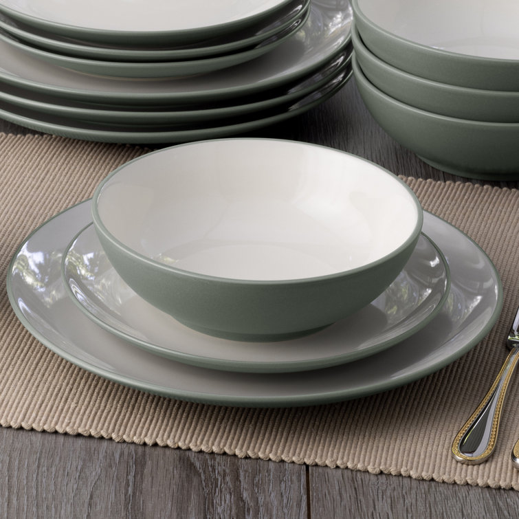 Green and Cream Stoneware Coupe Salad Plates, 8.25" Set of 4