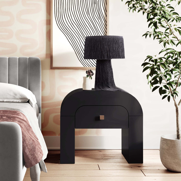 Modern Acacia Black Nightstand with Rounded Silhouette and Gold Accents