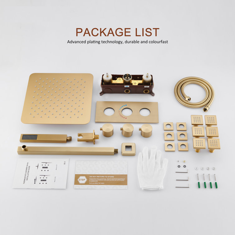 Brushed Gold Wall Mounted Rain Shower System with Handheld and Body Jets