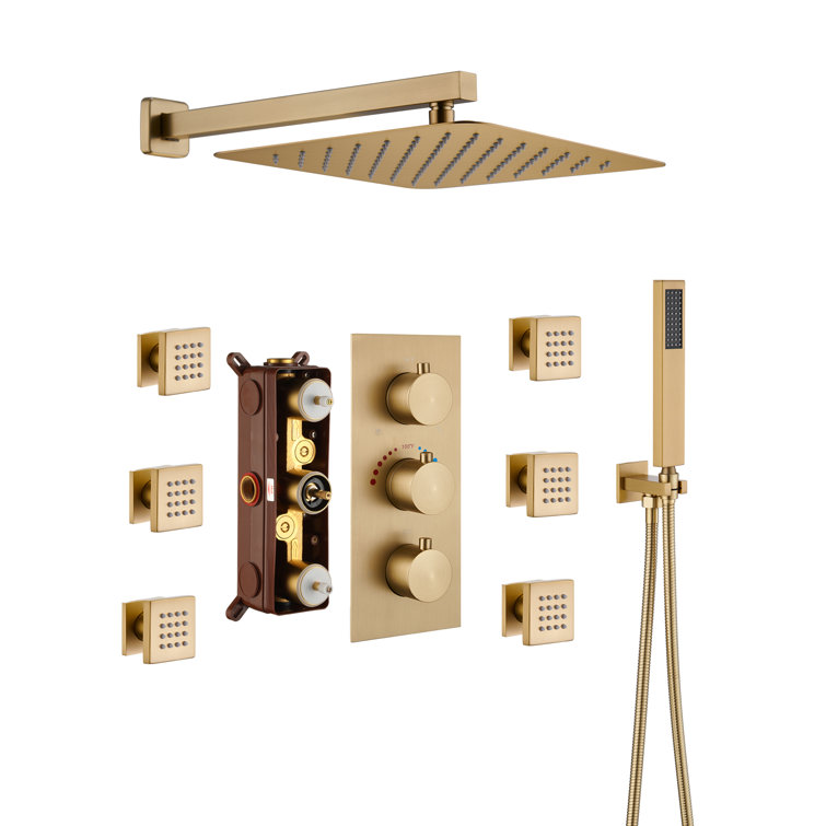 Brushed Gold Wall Mounted Rain Shower System with Handheld and Body Jets