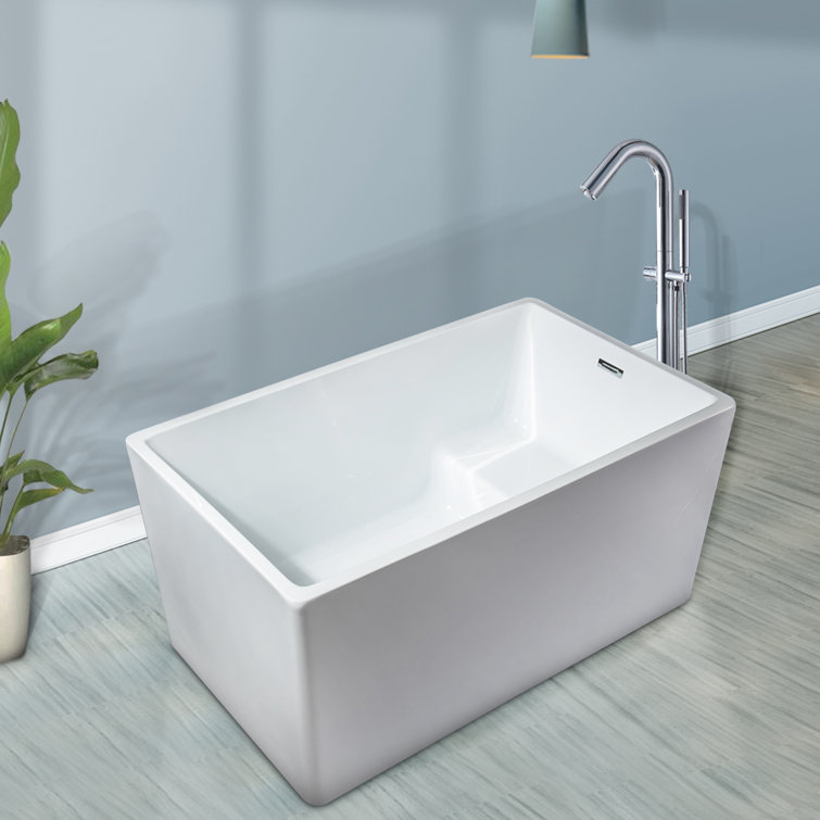 White Acrylic Rectangular Freestanding Soaking Bathtub, 44"