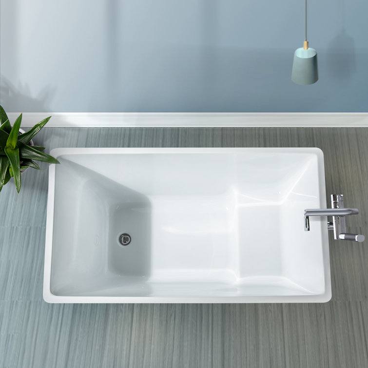 White Acrylic Rectangular Freestanding Soaking Bathtub, 44"