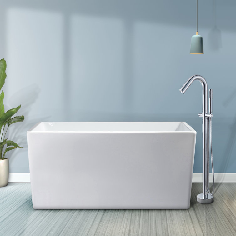 White Acrylic Rectangular Freestanding Soaking Bathtub, 44"