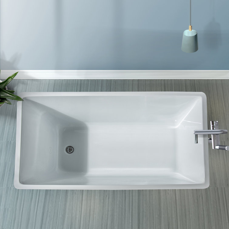 White Acrylic Rectangular Freestanding Soaking Bathtub, 44"