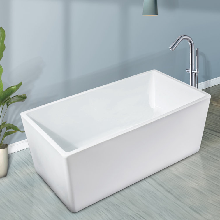 White Acrylic Rectangular Freestanding Soaking Bathtub, 44"