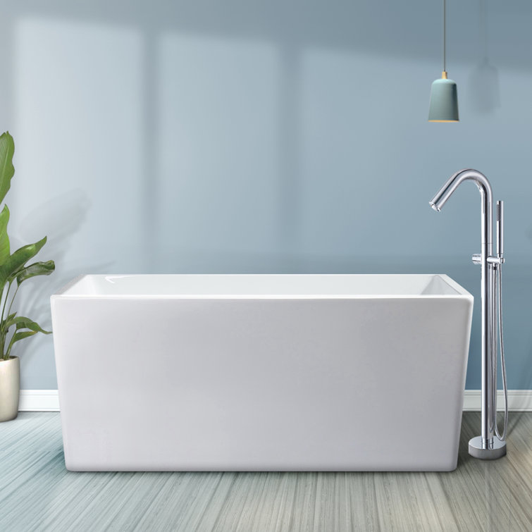 White Acrylic Rectangular Freestanding Soaking Bathtub, 44"