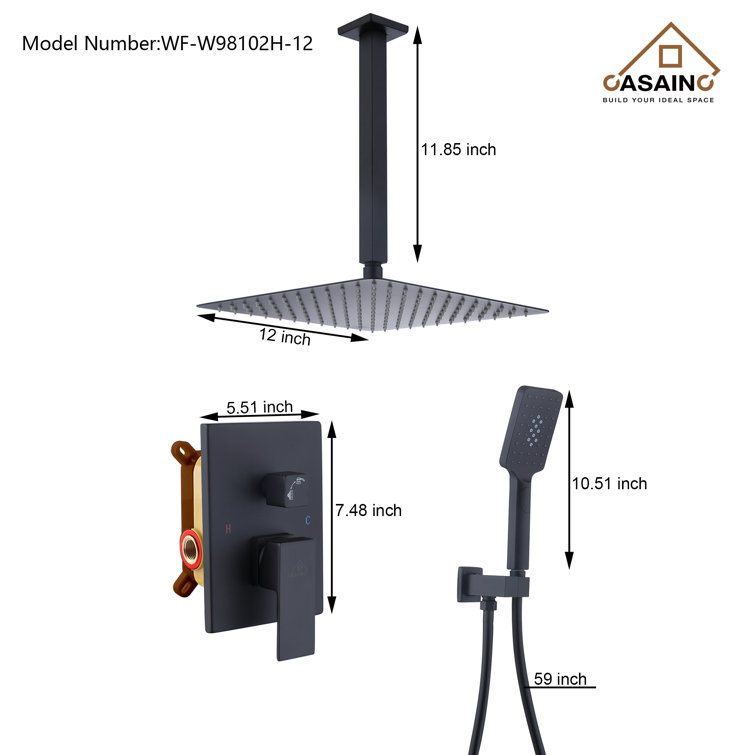 Matte Black Large Square Ceiling Mounted Dual Shower System