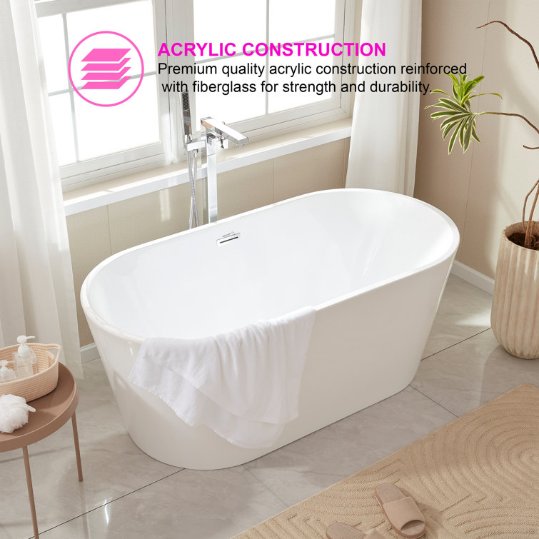 White Acrylic Freestanding Soaking Bathtub, 59"