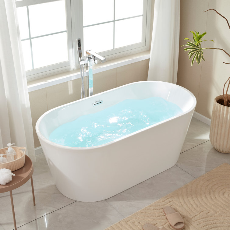 White Acrylic Freestanding Soaking Bathtub, 59"