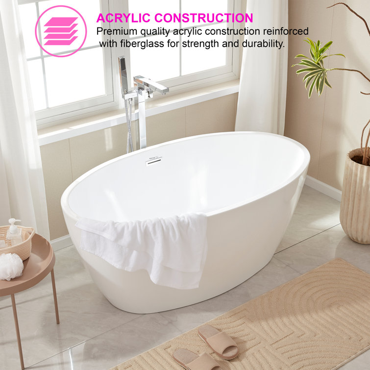 White Acrylic Freestanding Soaking Bathtub, 55.1"