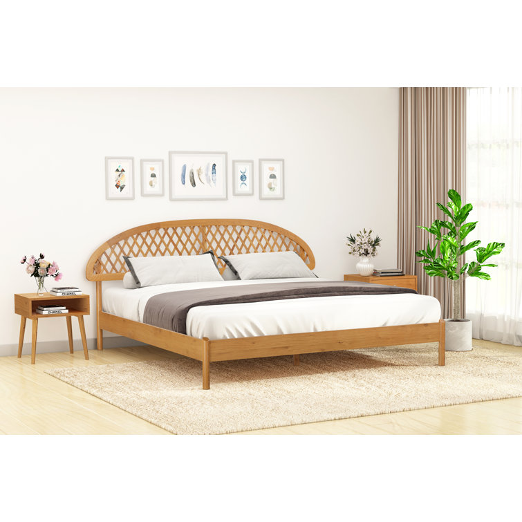 King Rustic Oak Wood Bed Frame with Lattice Headboard and Slats
