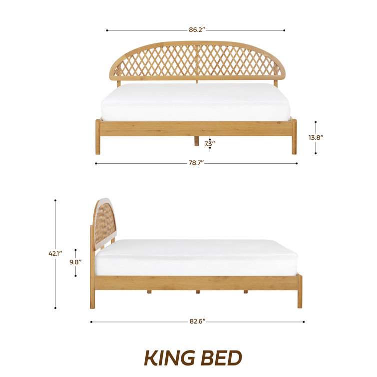 King Rustic Oak Wood Bed Frame with Lattice Headboard and Slats