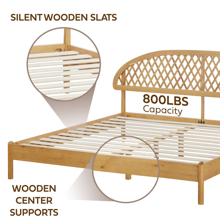 King Rustic Oak Wood Bed Frame with Lattice Headboard and Slats