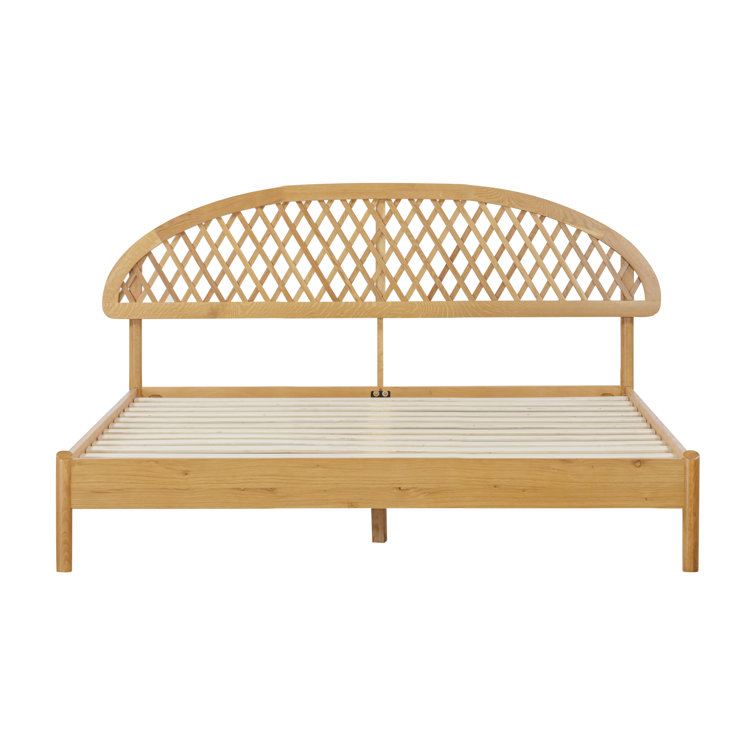 King Rustic Oak Wood Bed Frame with Lattice Headboard and Slats