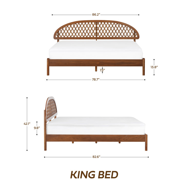 King Rustic Oak Wood Bed Frame with Lattice Headboard and Slats