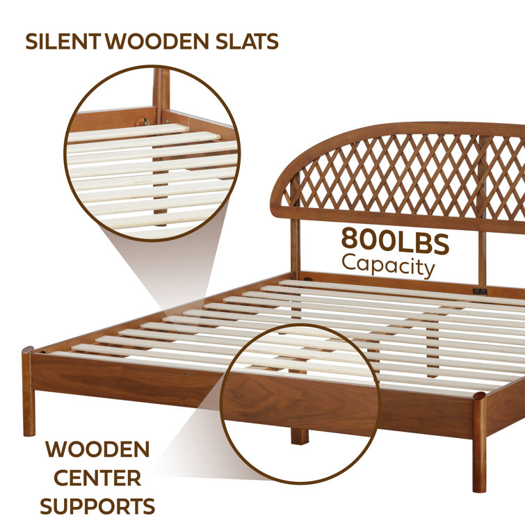 King Rustic Oak Wood Bed Frame with Lattice Headboard and Slats