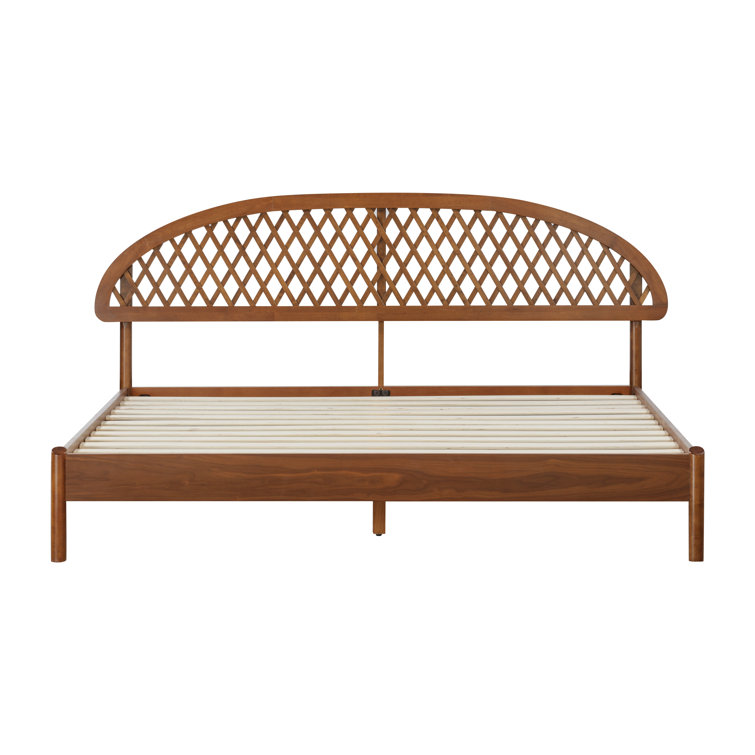 King Rustic Oak Wood Bed Frame with Lattice Headboard and Slats