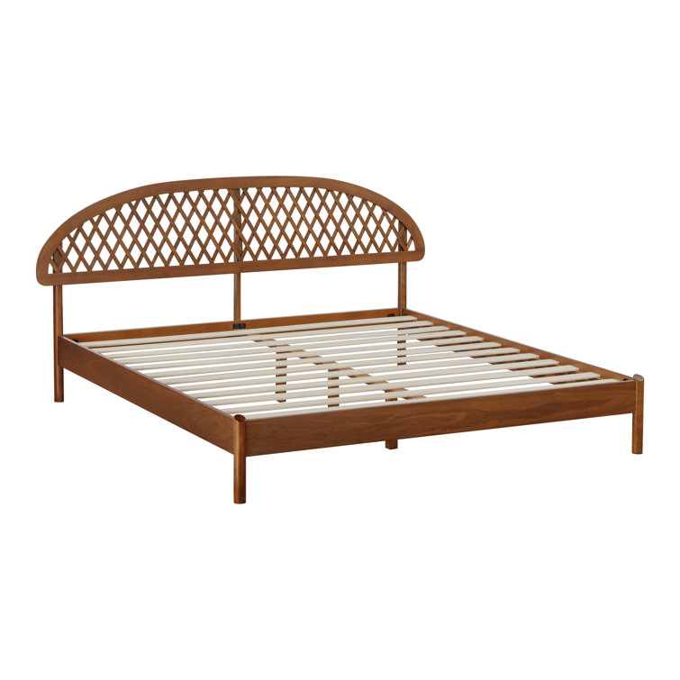 King Rustic Oak Wood Bed Frame with Lattice Headboard and Slats