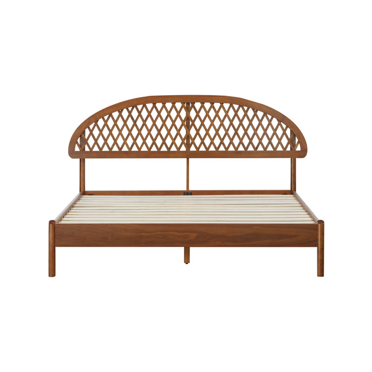 King Rustic Oak Wood Bed Frame with Lattice Headboard and Slats