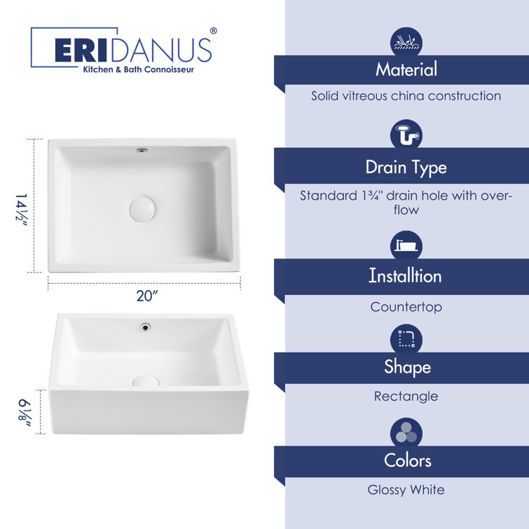 Dublin 20" x 15" White Ceramic Rectangular Vessel Sink with Overflow
