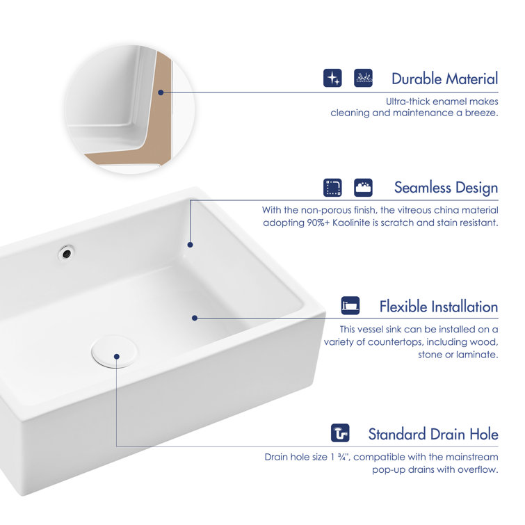 Dublin 20" x 15" White Ceramic Rectangular Vessel Sink with Overflow