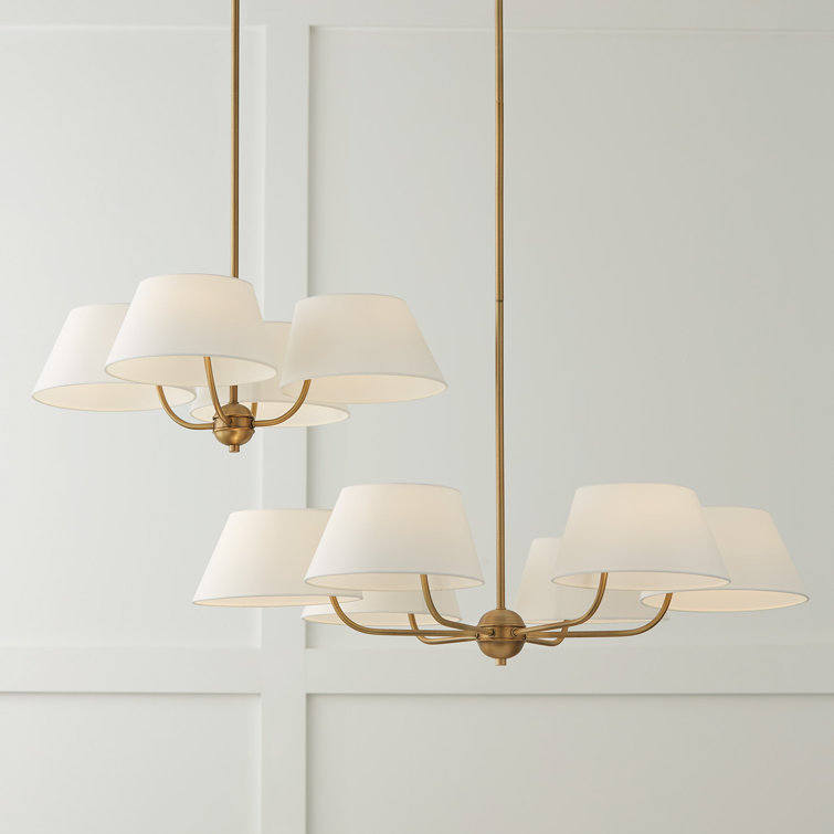 Aged Brass 4-Light Chandelier with White Fabric Drum Shades
