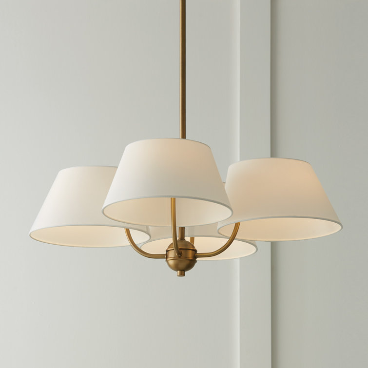 Aged Brass 4-Light Chandelier with White Fabric Drum Shades