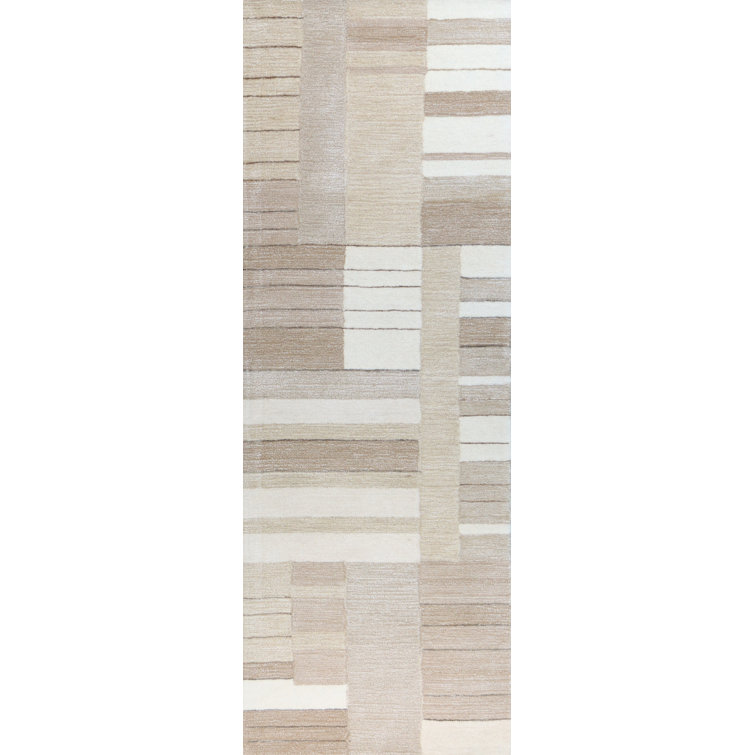 Beige and Brown Handmade Wool and Viscose Runner Rug