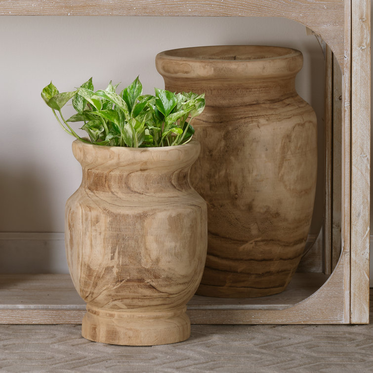 Rustic Light Wood Urn-Shaped Decorative Floor Vase