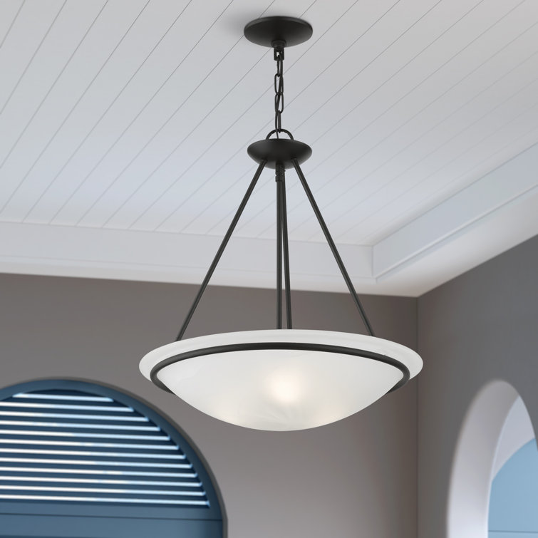 Modern Black Brass 3-Light Bowl Pendant with White Alabaster Glass
