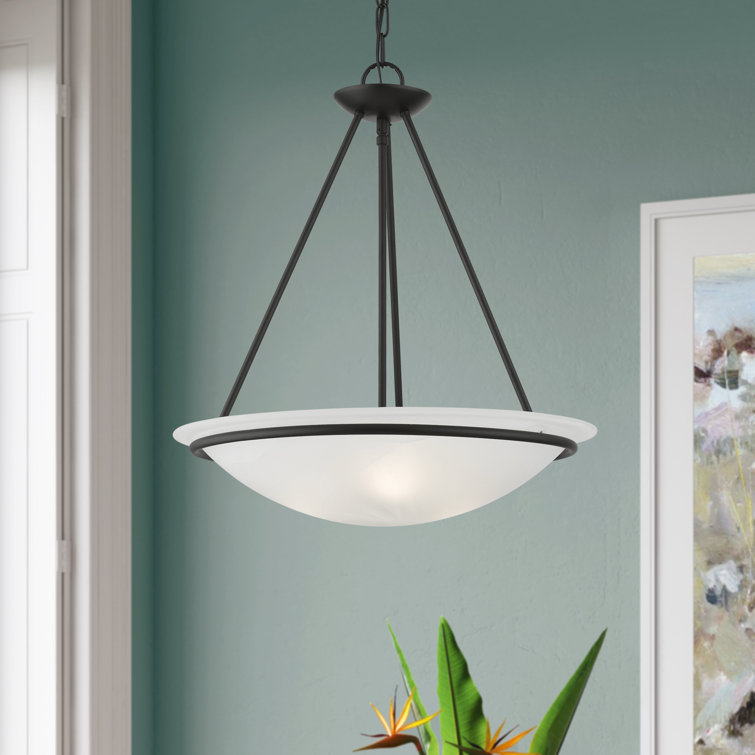 Modern Black Brass 3-Light Bowl Pendant with White Alabaster Glass