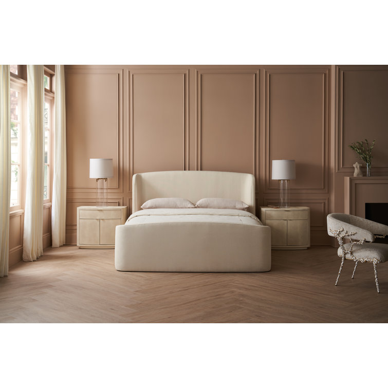 Cream King Upholstered Wood Frame Bed with Headboard