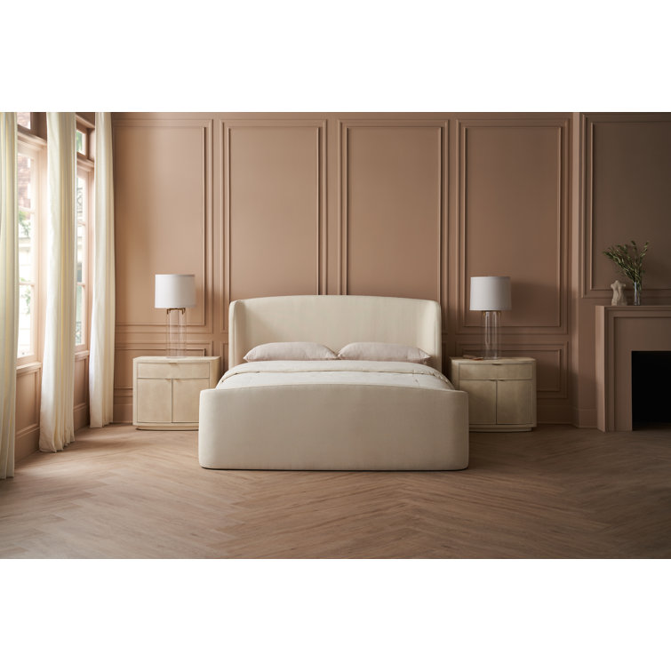 Cream King Upholstered Wood Frame Bed with Headboard