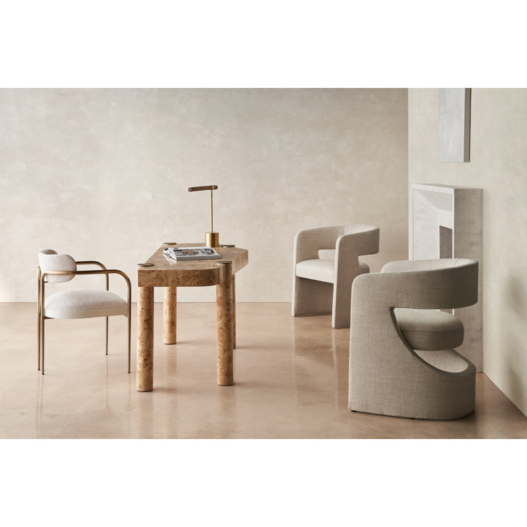 Gray Linen Upholstered Arm Chair with Gold Metal Legs