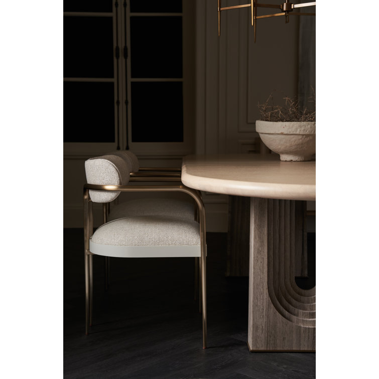 Gray Linen Upholstered Arm Chair with Gold Metal Legs