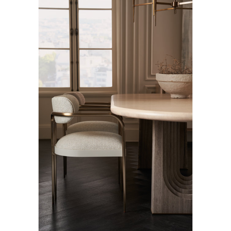 Gray Linen Upholstered Arm Chair with Gold Metal Legs