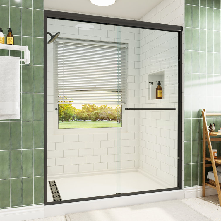 59" Matte Black Semi-Frameless Sliding Shower Door with Clear Glass