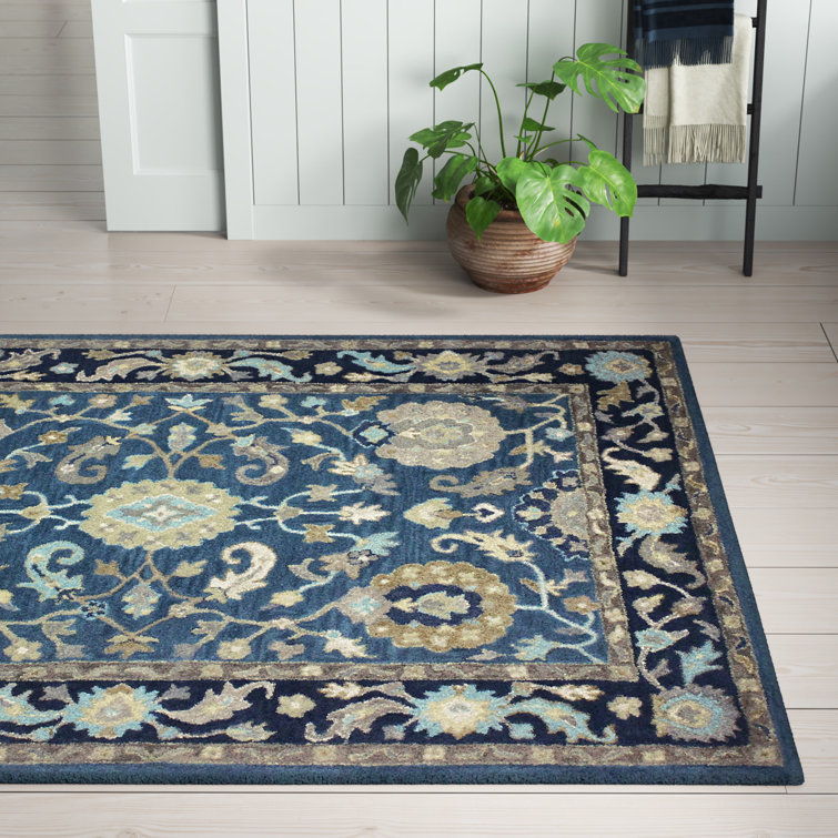 Azure Blue Floral Hand-Tufted Wool and Cotton Rug
