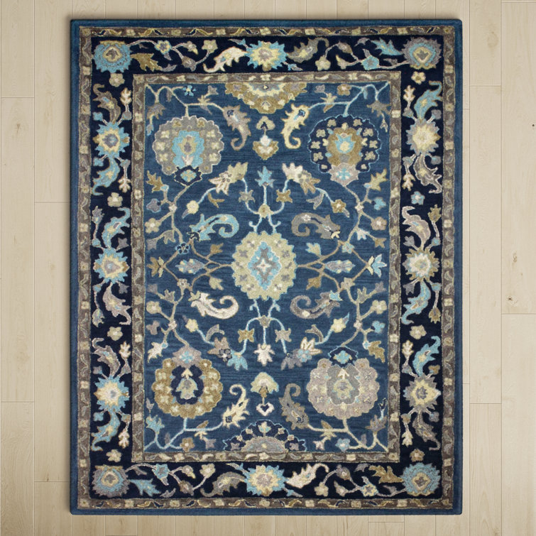Azure Blue Floral Hand-Tufted Wool and Cotton Rug