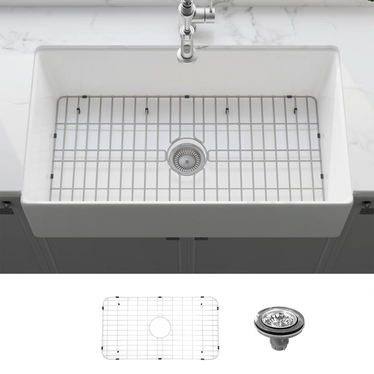 Sinber 36" White Fireclay Farmhouse Apron Single Bowl Kitchen Sink with Drainboard