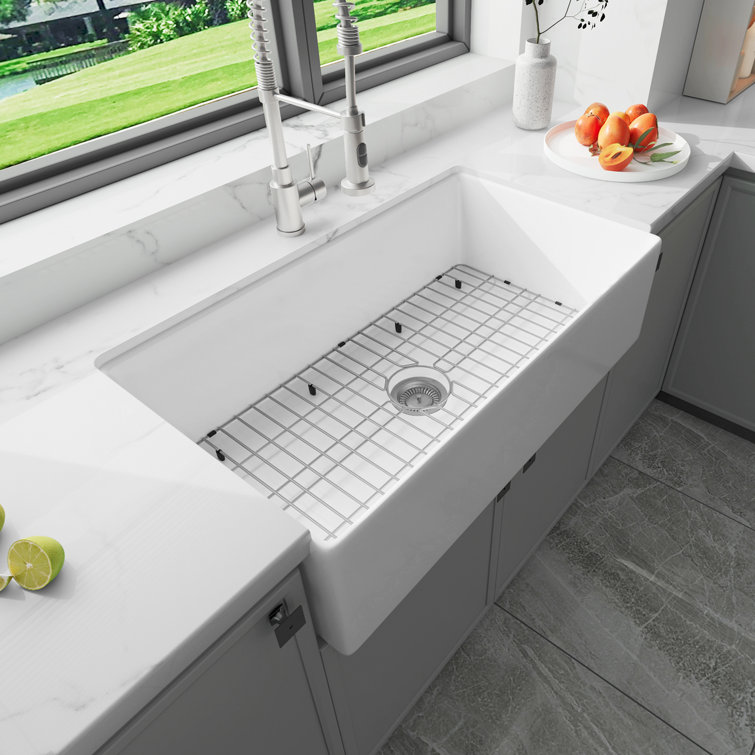 Sinber 36" White Fireclay Farmhouse Apron Single Bowl Kitchen Sink with Drainboard