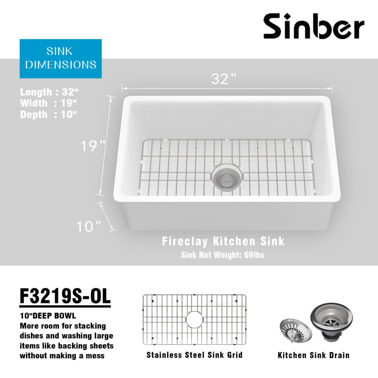 32" White Fireclay Drop-In Single Bowl Kitchen Sink with Drainboard
