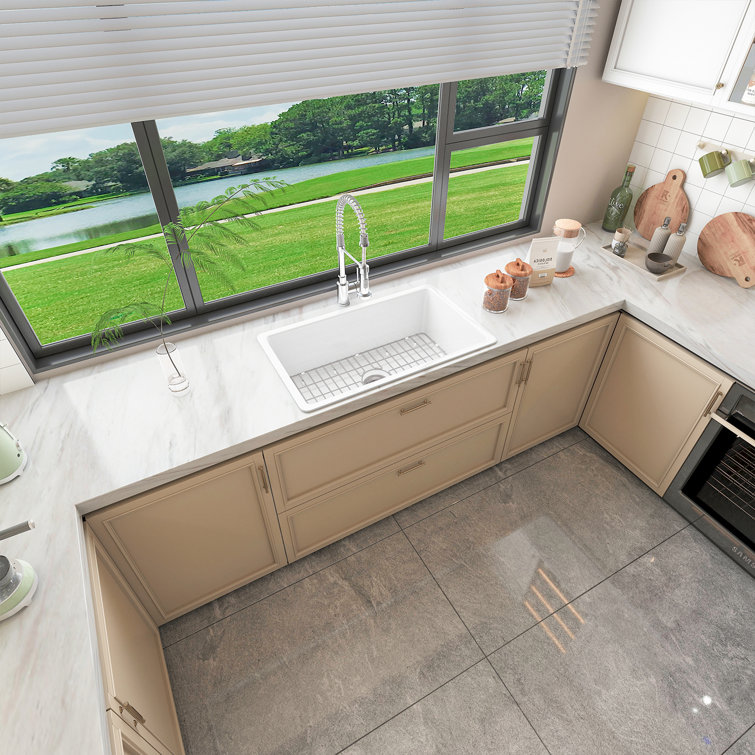 32" White Fireclay Drop-In Single Bowl Kitchen Sink with Drainboard