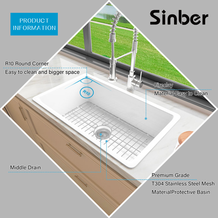 32" White Fireclay Drop-In Single Bowl Kitchen Sink with Drainboard